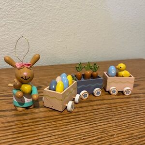 Wooden Bunny with Yellow and Teal Accents Carts of Wooden Eggs, Carrots and Duck